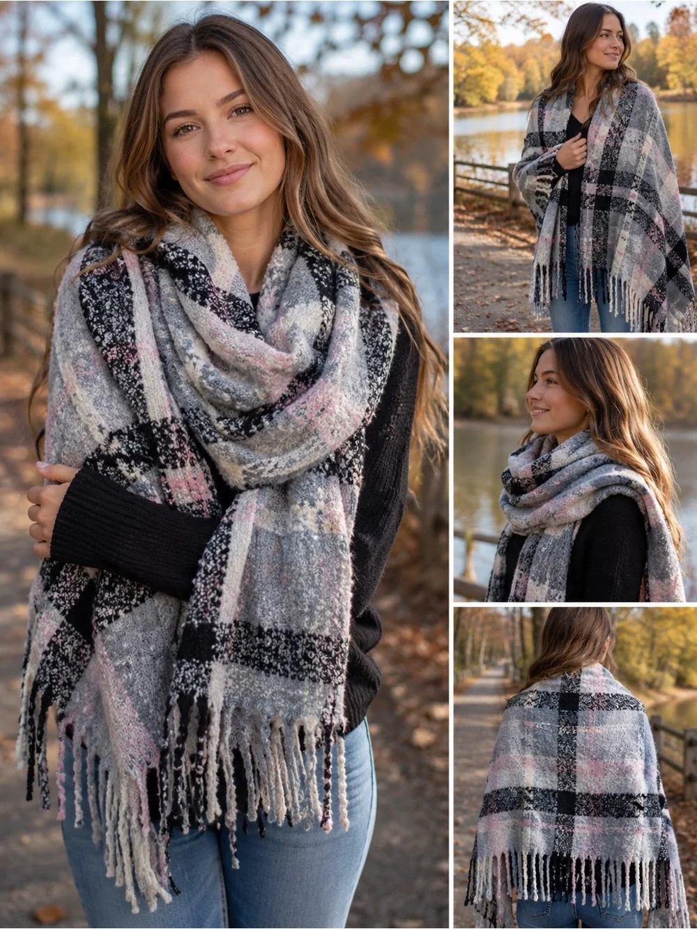 Cozy Pink Gray Plaid Fringe Scarf Wrap | Oversized Blanket Scarf Winter Shawl
